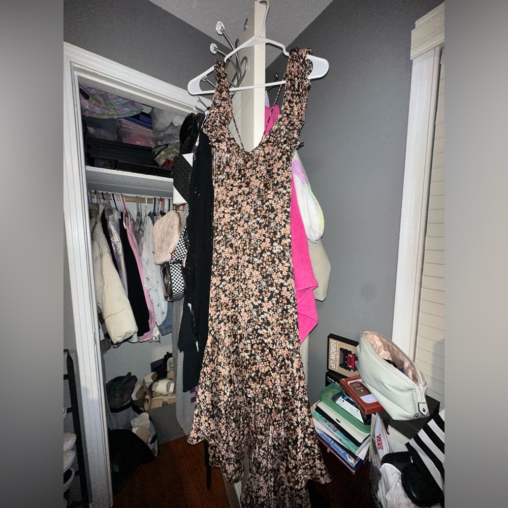 Long AltRd State dress black with brown bronze flowers